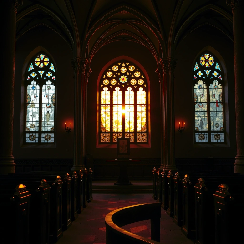 Gothic cathedral interior with golden light